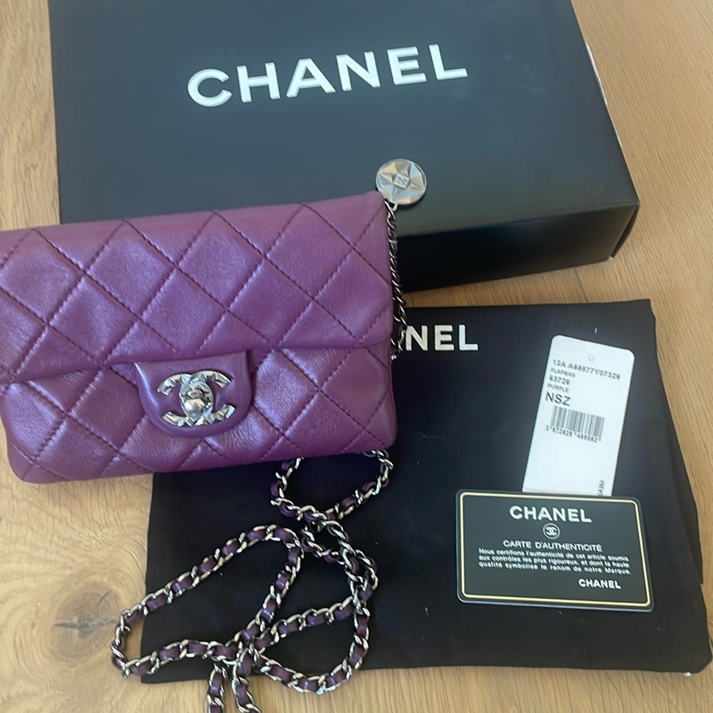Violet Chanel crossbody bag with original box, dust bag and authenticity card.